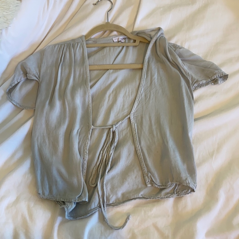 Don’t ask why light grey tie front shirt